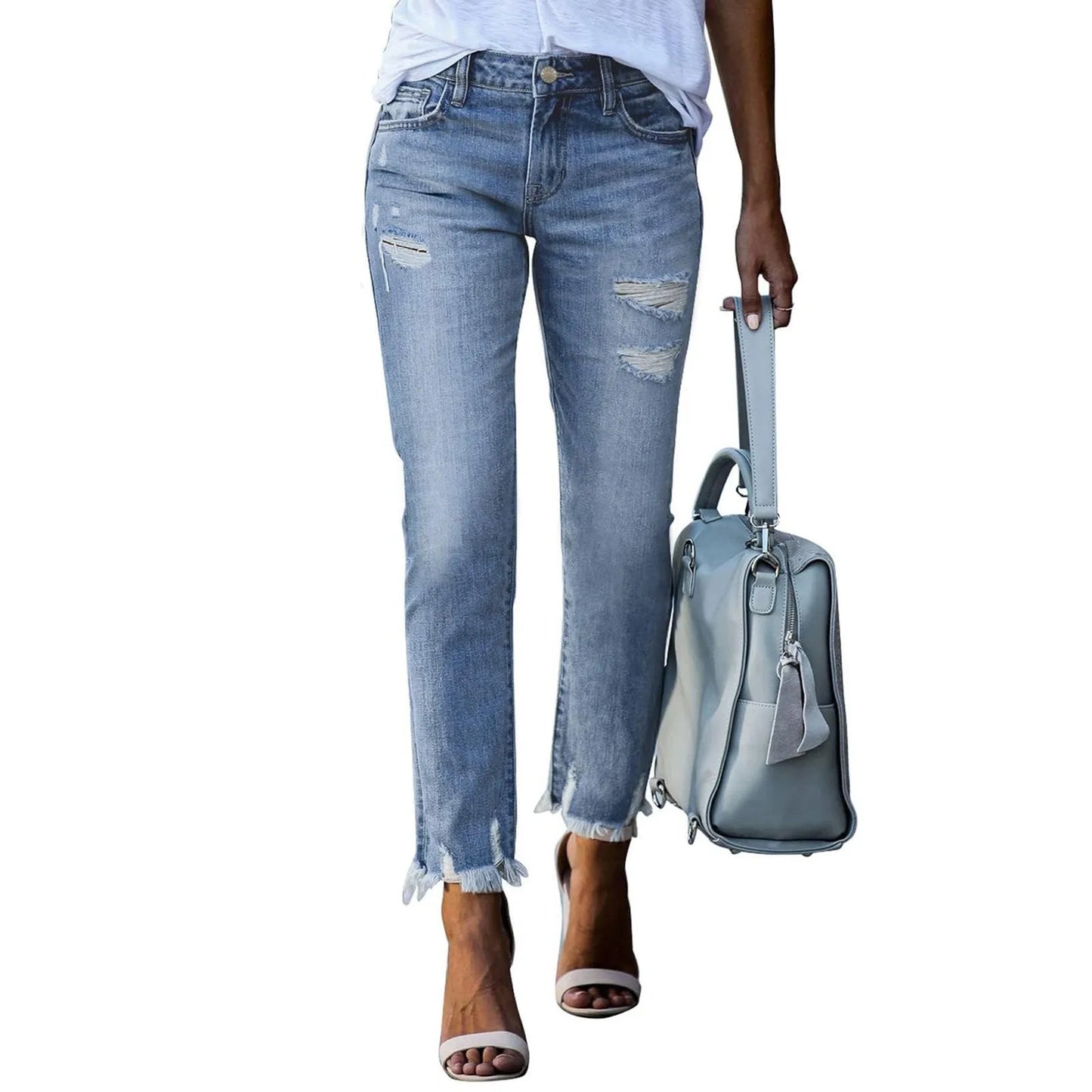 Ripped Slim Vintage Jeans Pencil Pants For Women Clothing Tassel Vintage Denim Trouser Female Bleached Pants New In