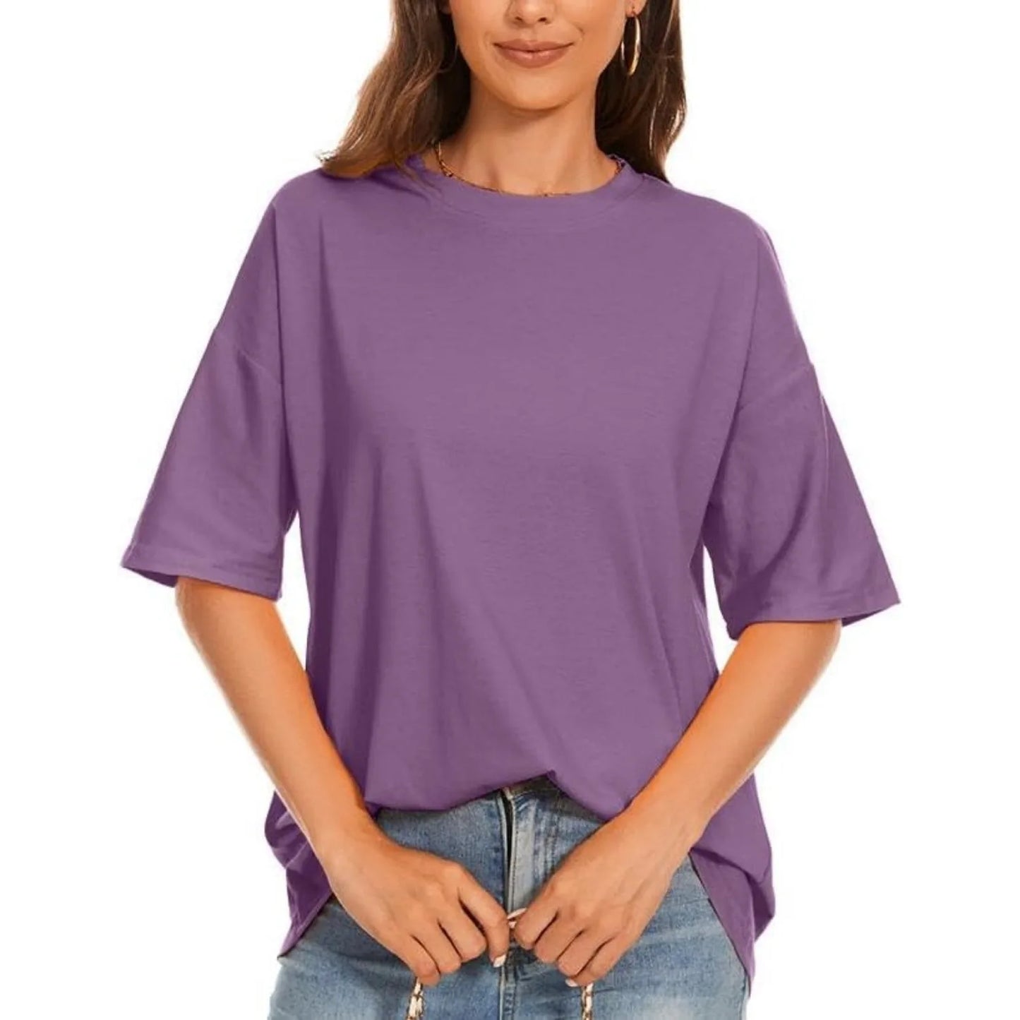 Womens Summer Casual Loose T-Shirt Short Sleeve Crewneck Solid Color Basic Tee Oversized Tunic Tops