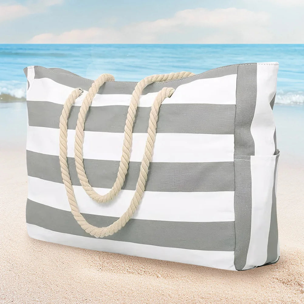 Women Beach Bag Stripe Waterproof Sandproof Shoulder Bag Large Capacity Canvas Tote Bag with Zipper Travel Handbag Swim Pool Bag
