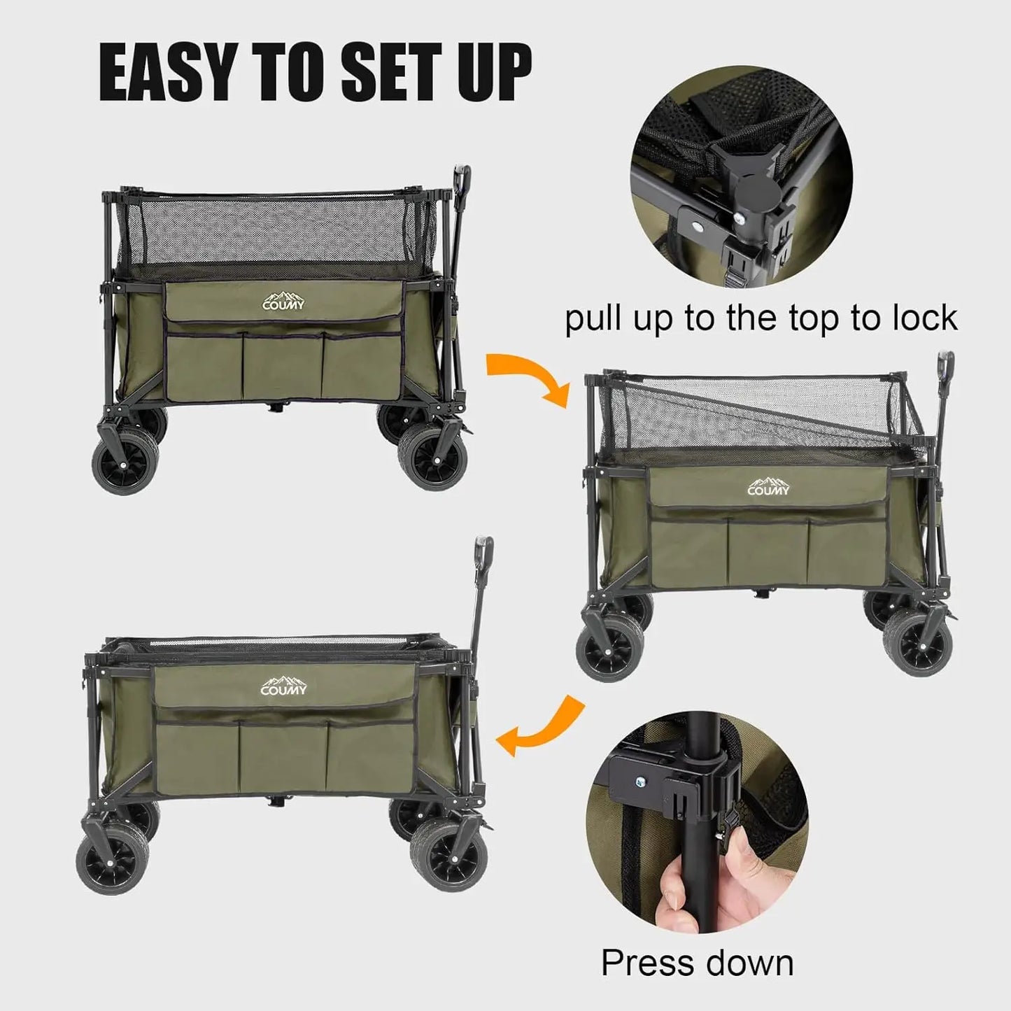 Collapsible Wagon Cart with 440lbs Weight Capacity Heavy Duty Camping Garden Cart with All Terrain Wheels Adjustable Handle Side