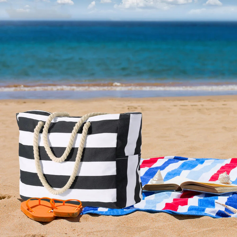 Women Beach Bag Stripe Waterproof Sandproof Shoulder Bag Large Capacity Canvas Tote Bag with Zipper Travel Handbag Swim Pool Bag