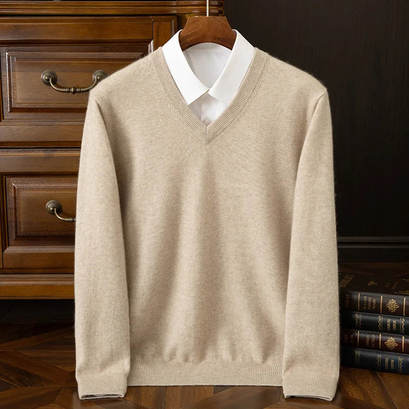 Fashion Men's 100% Cashmere Pullover Sweater V-neck Long Sleeve Thick Pullover Autumn Winter Smart Casual Cashmere Knit Clothing