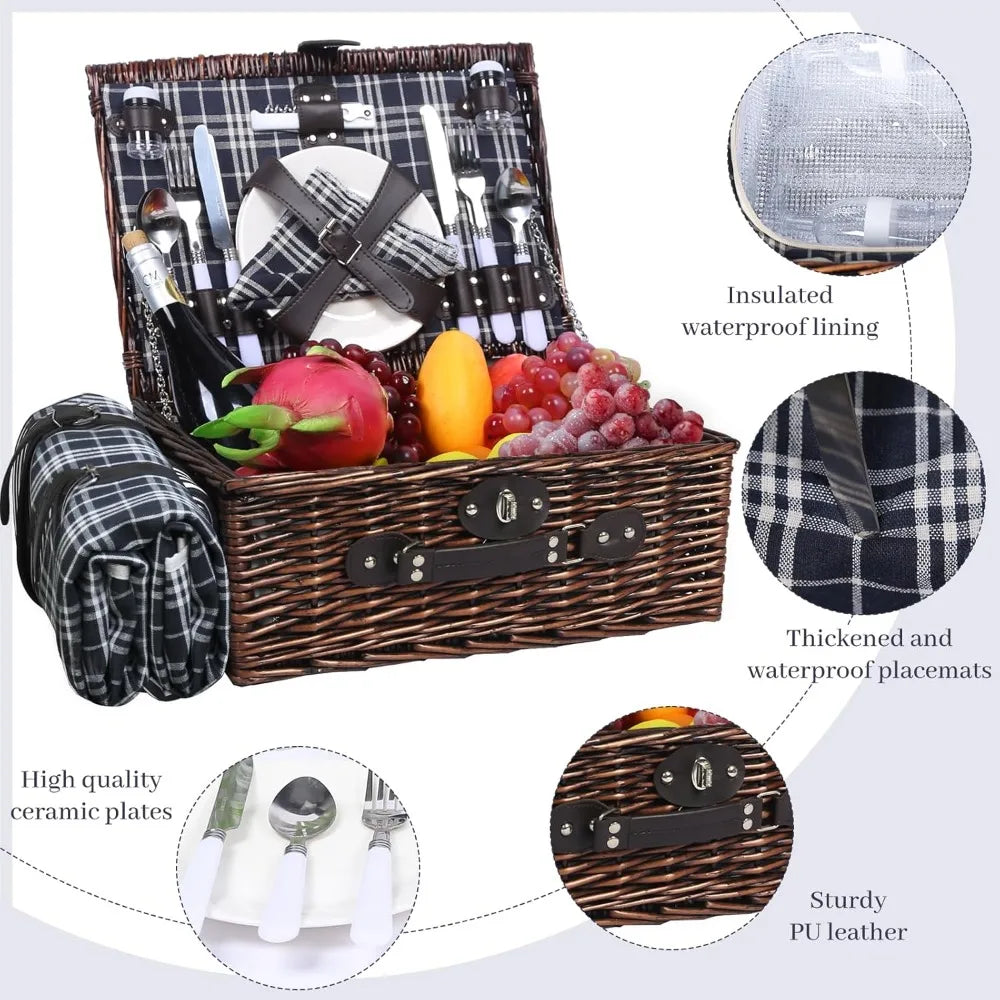 Wicker Picnic Basket for 4 with Insulated Cooler & Waterproof Blanket – Large Willow Picnic Hamper for Outdoor, Camping, Beach,