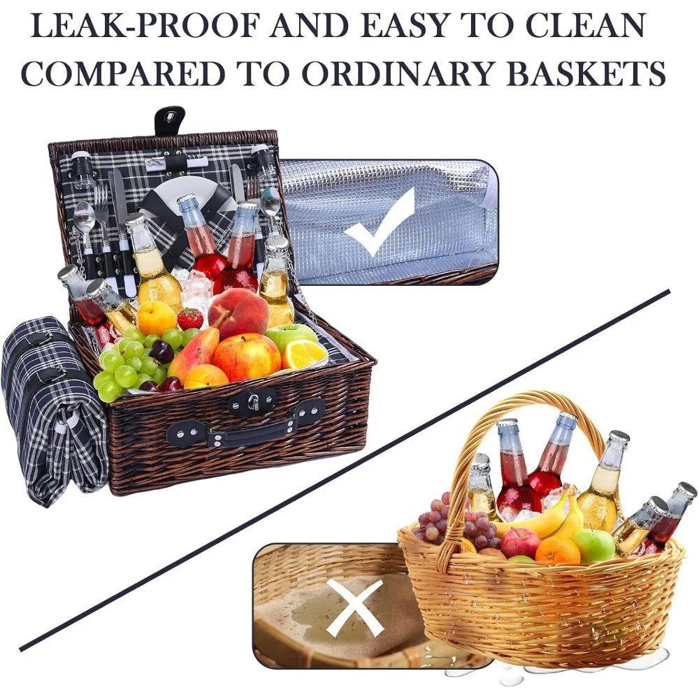 Wicker Picnic Basket for 4 with Insulated Cooler & Waterproof Blanket – Large Willow Picnic Hamper for Outdoor, Camping, Beach,