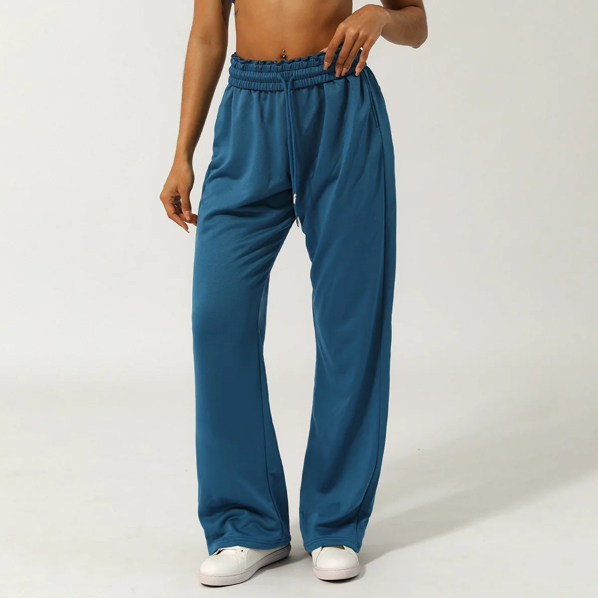 Women Solid Color Sweatpants Drawstring Waist Pocket Running Yoga Pants Loose Wide Leg Casual Sports Trousers Workout Clothes