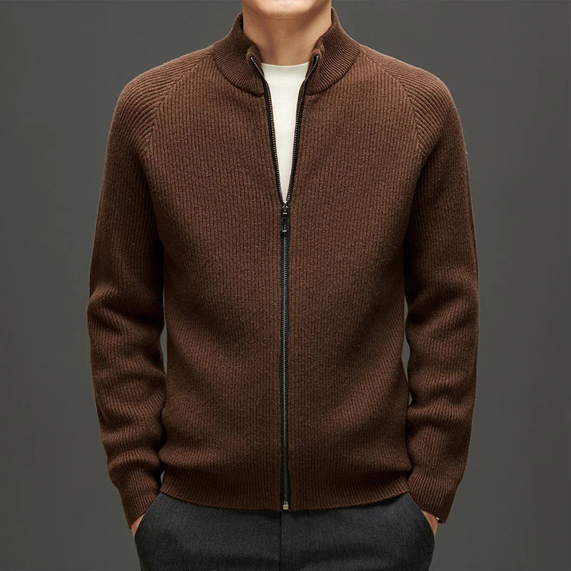 High Quality Mens 100% Wool Sweater Coating O-neck Long Sleeve Zipper Cardigan Winter Thick Smart Casual Wool Kniwear Tops