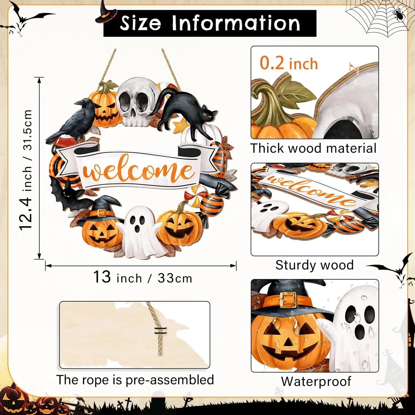 Rustic Halloween Wooden Wreath – Ghost, Cat, Pumpkin & Skull Door Sign for Front Door & Home Decor
