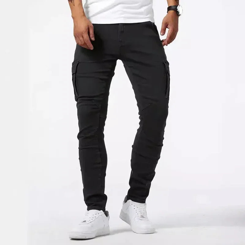Men Casual Pencil Jeans Male Elastic Multi Pocket Small Slim High Street Denim Pants Wash Solid Color Mid Waist Cargo Jeans