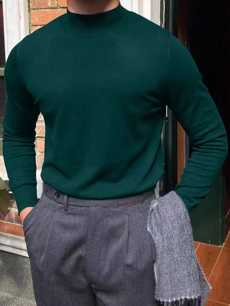 Men's Black Loose Fit Long Sleeve Turtleneck Sweater for Autumn Winter