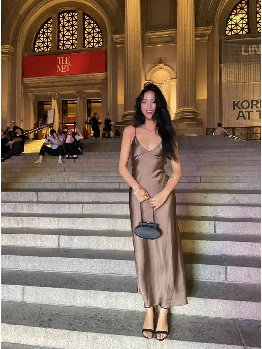 ETJ 2025 Spring New TRAF Elegant women's fashion silk satin texture MIDI dress sexy backless party slip dress