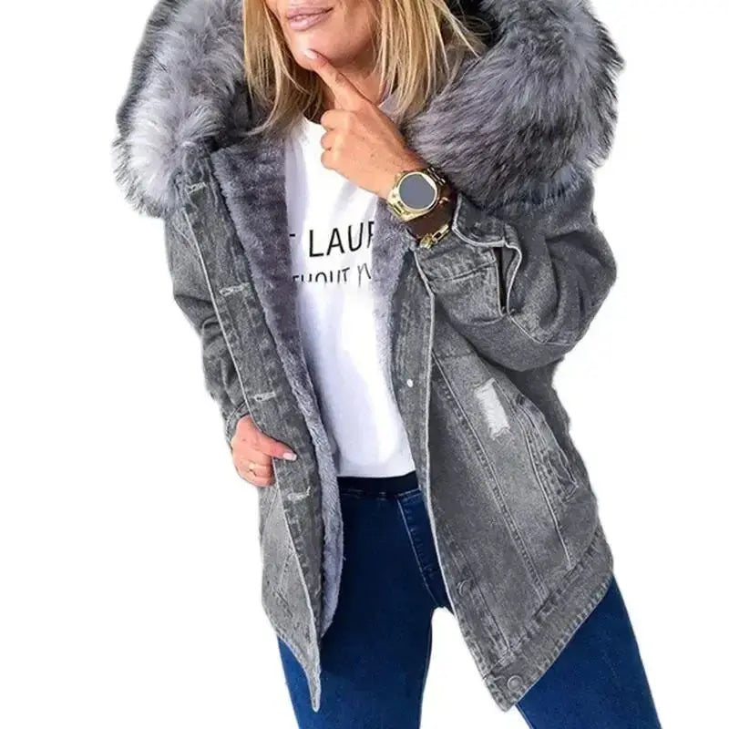 Warm Denim Jaet for Women Long Sve Hooded Street Sle Loose Fit Button Closure Pure Color Autumn Collection Coat