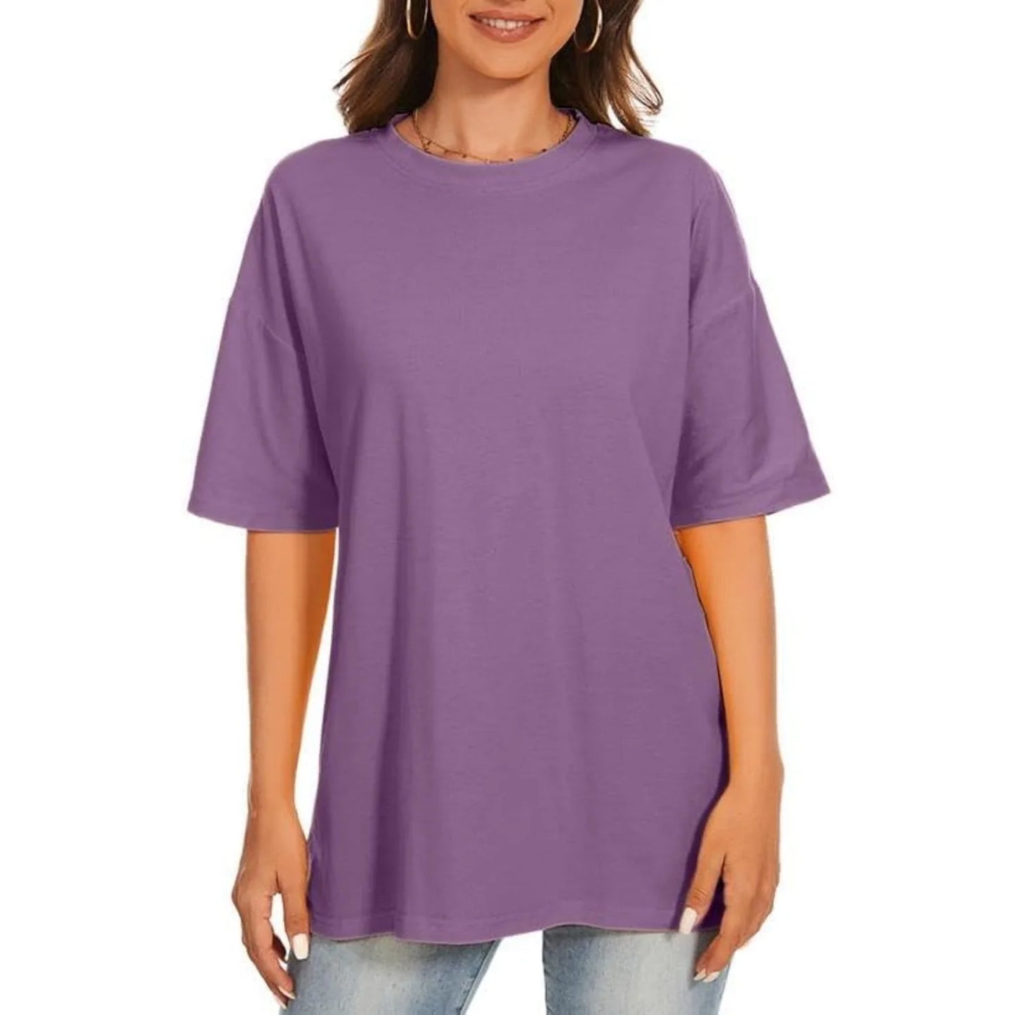 Womens Summer Casual Loose T-Shirt Short Sleeve Crewneck Solid Color Basic Tee Oversized Tunic Tops