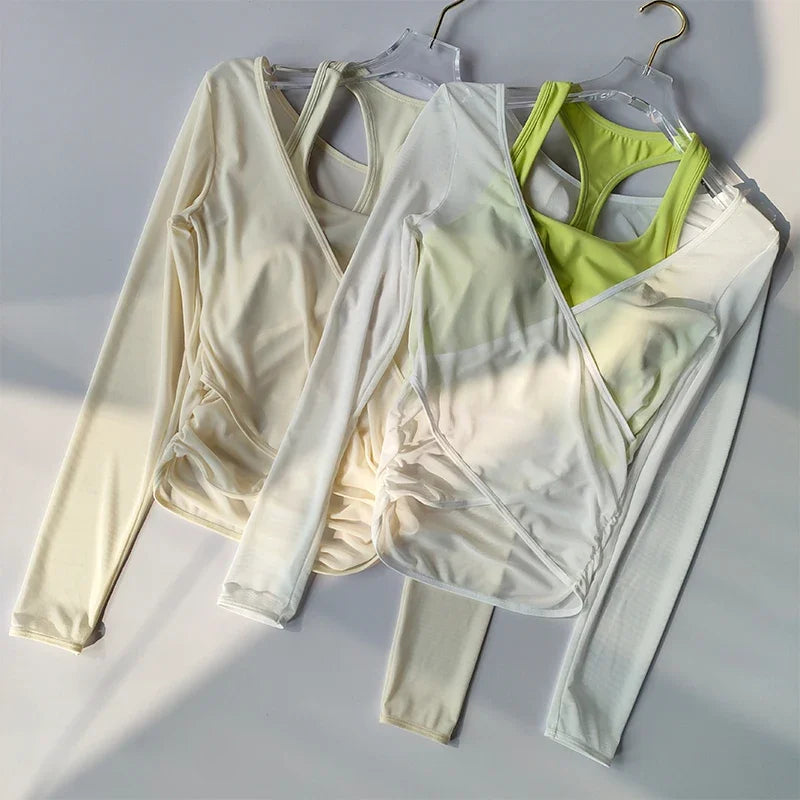 Sexy Mesh Slimming Yoga Suit for Women, Gathering Together, Sports Bra, Two Pieces, Quick Dry Training, Pilates Cover Up Blouse