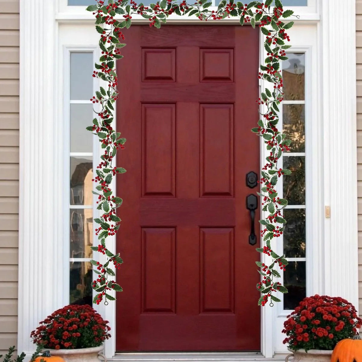 2 Pack Christmas Garlands, 5.74ft Red Berries & Holly Leaves Garland, Artificial Garland for Indoor Outdoor Fireplace