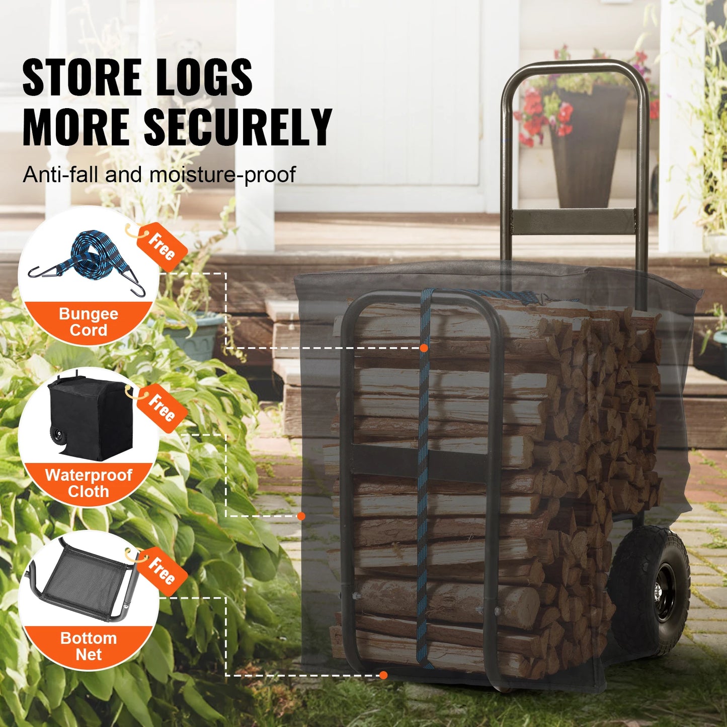 SucceBuy Firewood Log Cart Outdoor and Indoor Wood Rack Storage Mover with Wheels Heavy Duty Steel for Fireplace Fire Pit Black