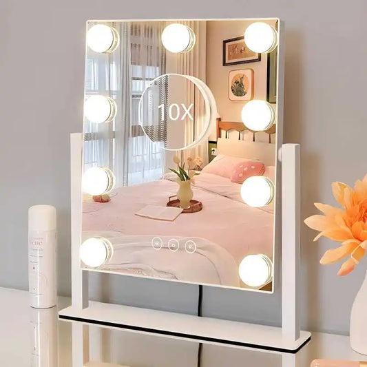Lighted makeup mirror with 9 LED bulbs, with detachable 10x magnifying mirror, 360° rotation, 3 color lighting modes