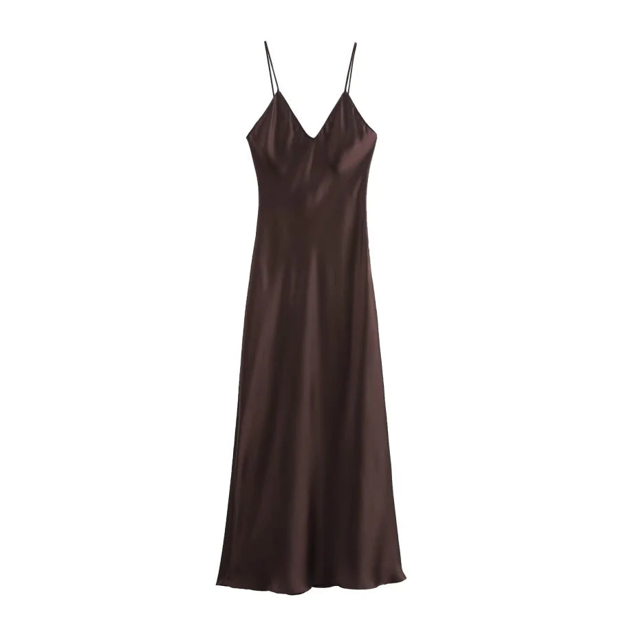 ETJ 2025 Spring New TRAF Elegant women's fashion silk satin texture MIDI dress sexy backless party slip dress