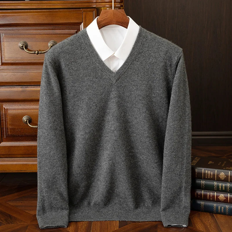 Fashion Men's 100% Cashmere Pullover Sweater V-neck Long Sleeve Thick Pullover Autumn Winter Smart Casual Cashmere Knit Clothing