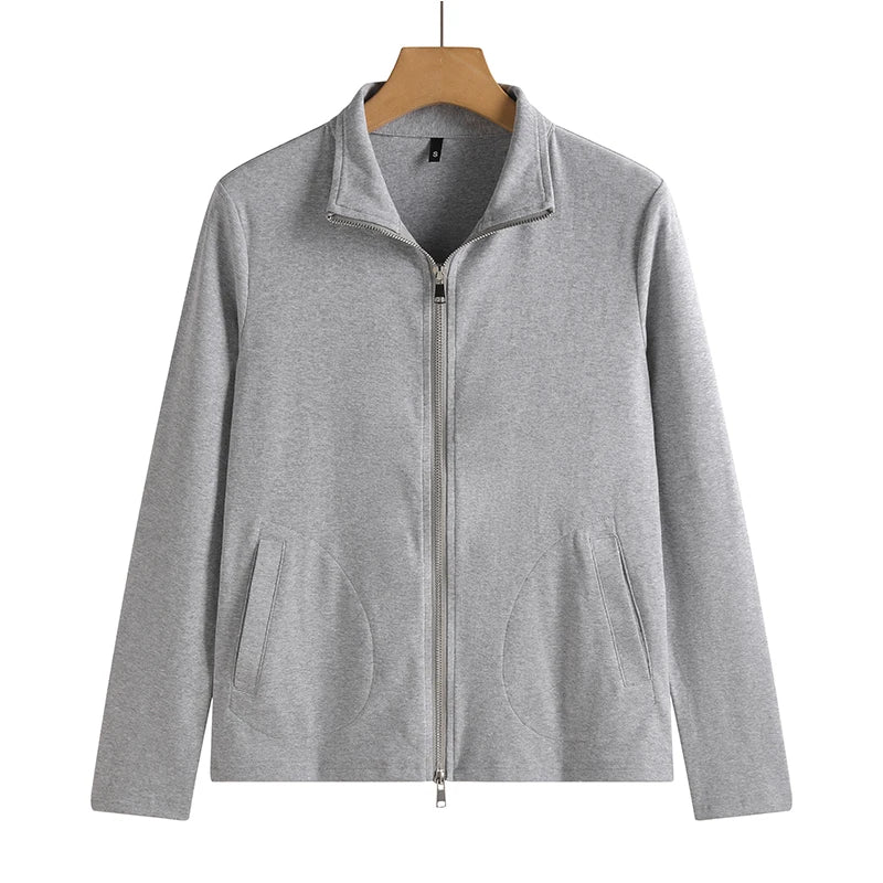 New Women's Zippered Stand Collar Jacket Slim Fit Long Sleeve Cotton Solid Color Casual Outerwear