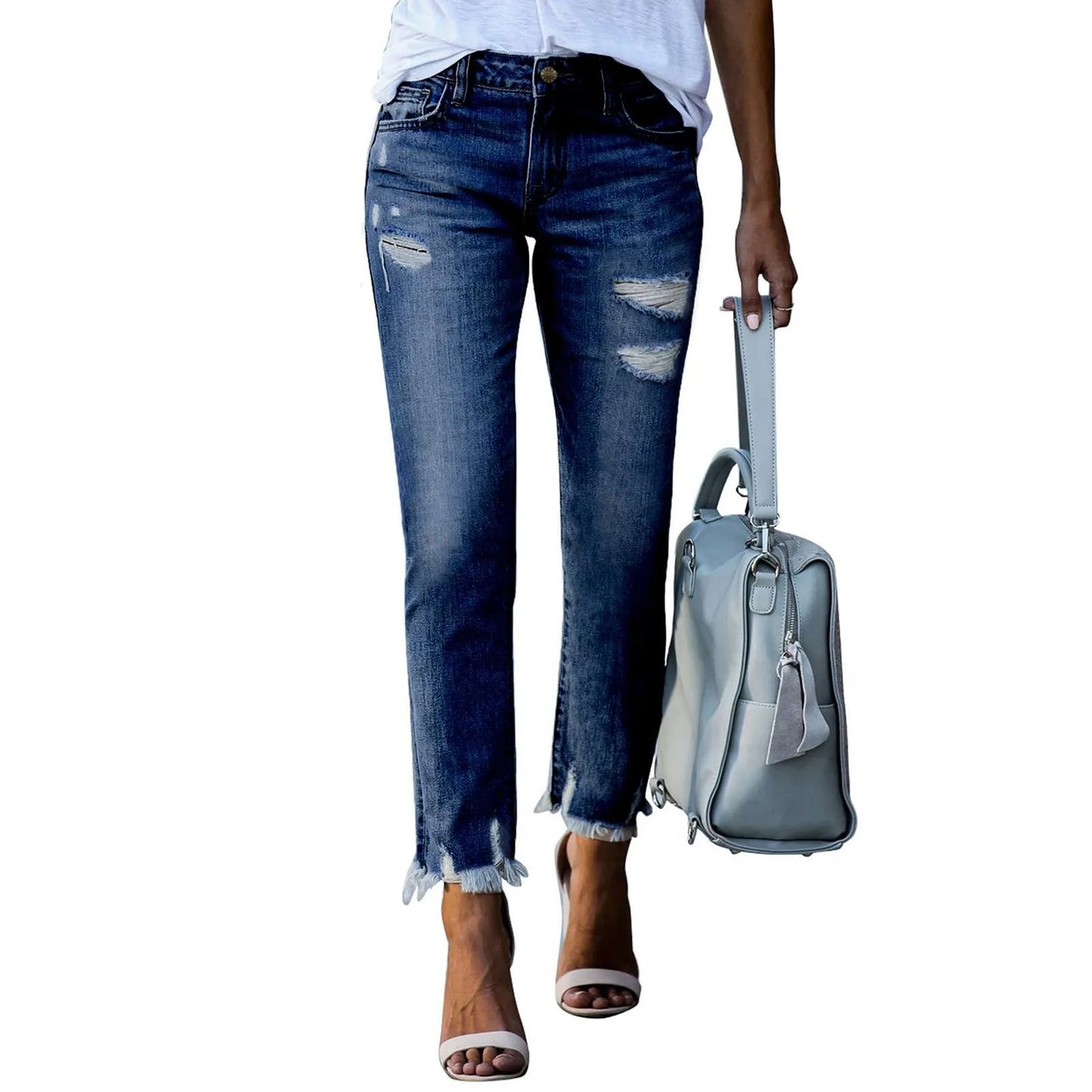 Ripped Slim Vintage Jeans Pencil Pants For Women Clothing Tassel Vintage Denim Trouser Female Bleached Pants New In
