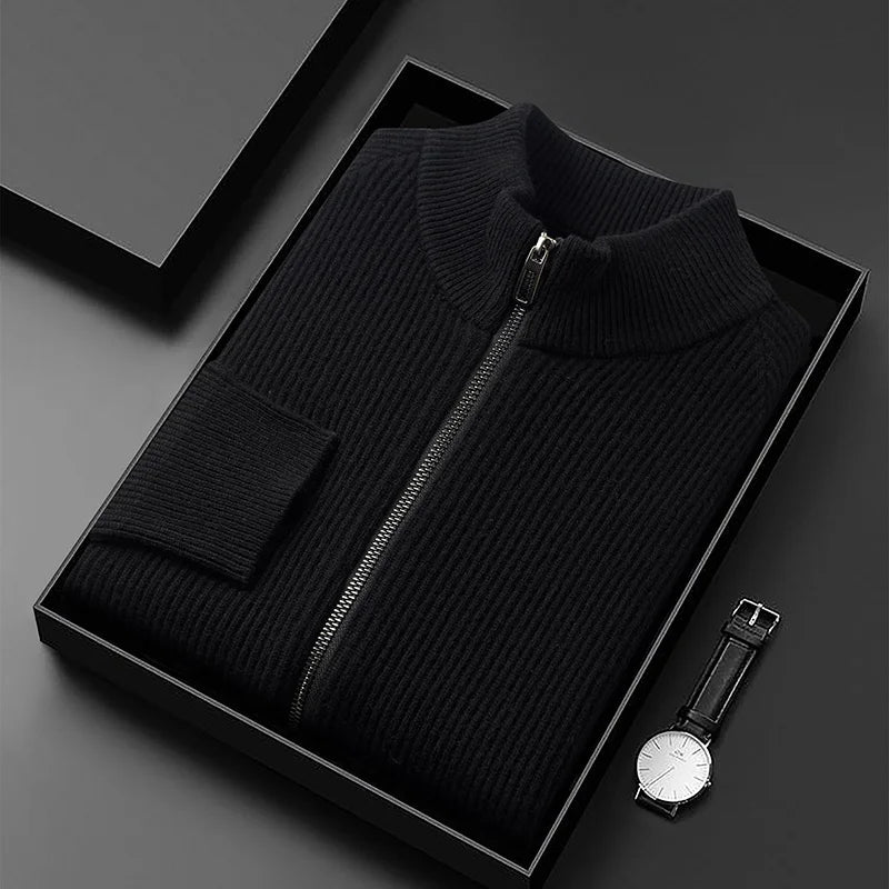 High Quality Mens 100% Wool Sweater Coating O-neck Long Sleeve Zipper Cardigan Winter Thick Smart Casual Wool Kniwear Tops