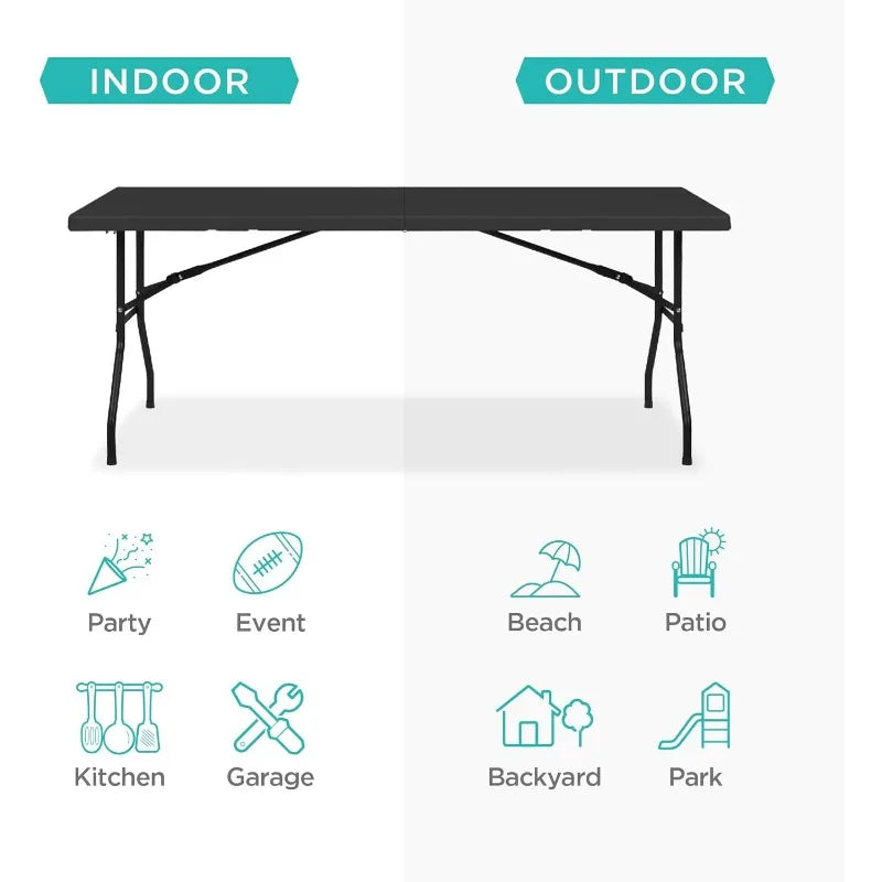 6ft Plastic Folding Table, Indoor Outdoor Heavy Duty Portable w/Handle, Lock for Picnic, Party, Camping - Black