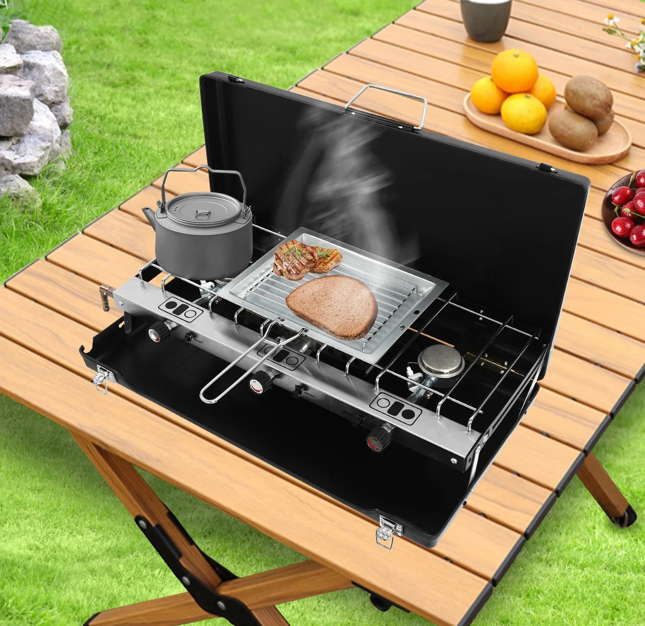 Portable Camping Stove Gas Powerful 3 Separate Burner Windshield for Tourist Picnic BBQ Outdoor Cassette Lightweight, Black