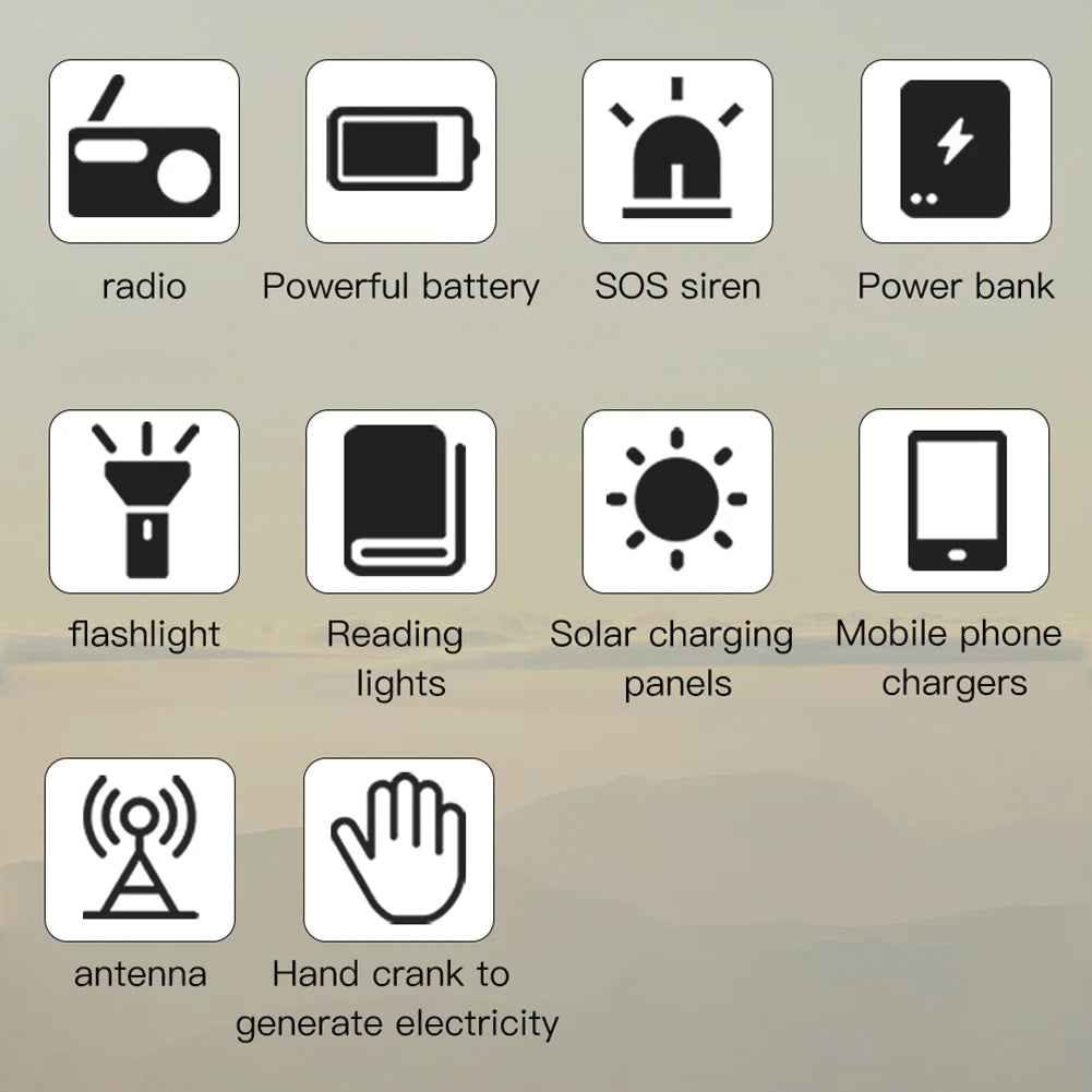 16000mAh AM/FM/WB NOAA Emergency Weather Radio Hand Crank/Solar/Type-C Charging LED Flashlight Reading Lamp Power Bank