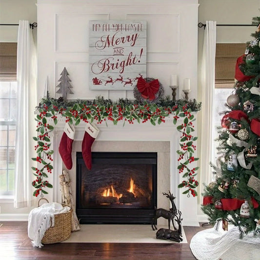 2 Pack Christmas Garlands, 5.74ft Red Berries & Holly Leaves Garland, Artificial Garland for Indoor Outdoor Fireplace