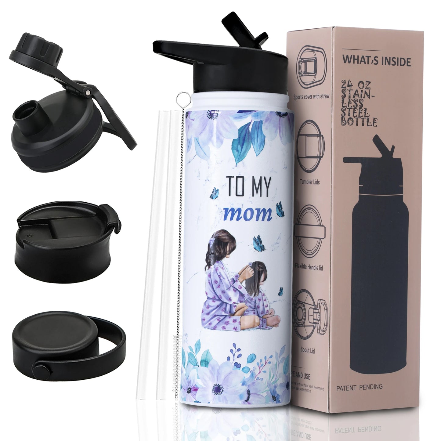24oz Vacuum Insulated Water Bottle for Mom – Stainless Steel, 3D Printed, BPA-Free Straw Lid, Gift for Women