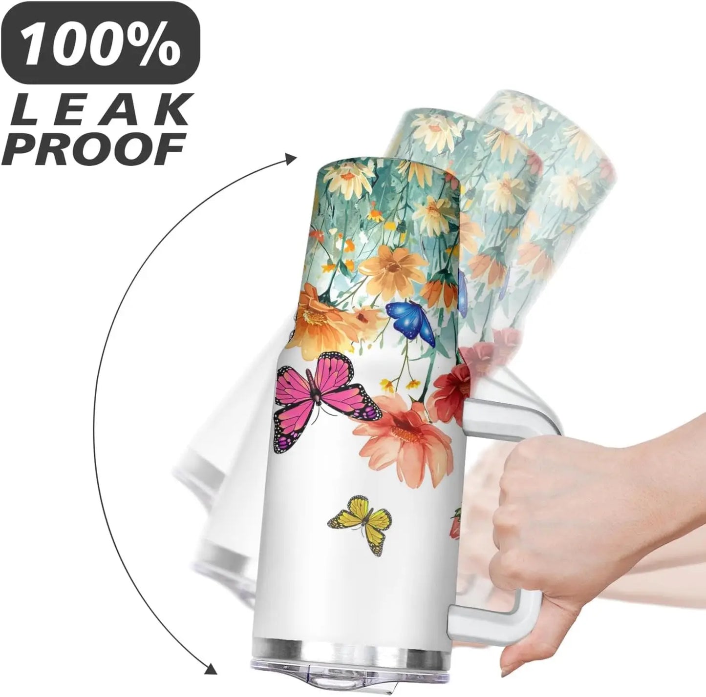 40oz Butterfly Tumbler with Handle and Straw Flower Insulated Cup with Leakproof Lid Travel Drinking Cups Birthday Gifts