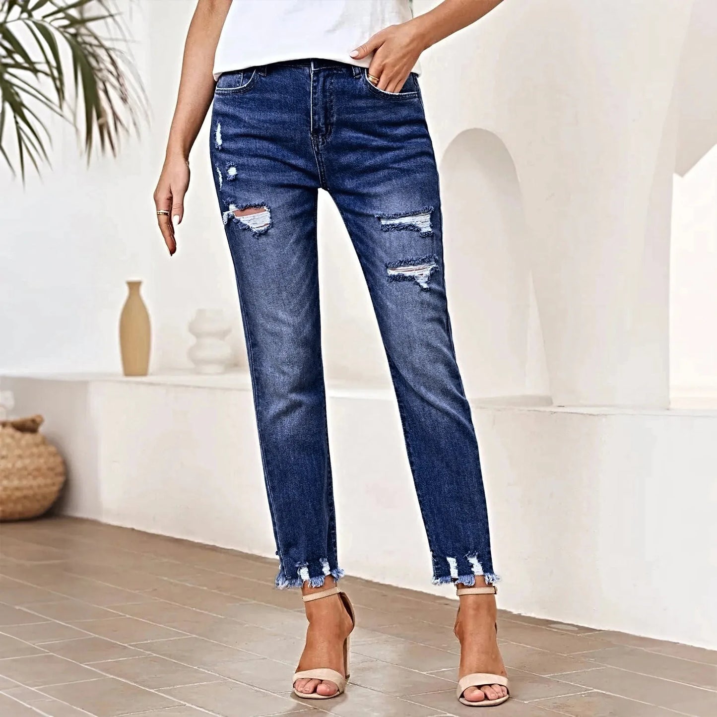 Ripped Slim Vintage Jeans Pencil Pants For Women Clothing Tassel Vintage Denim Trouser Female Bleached Pants New In