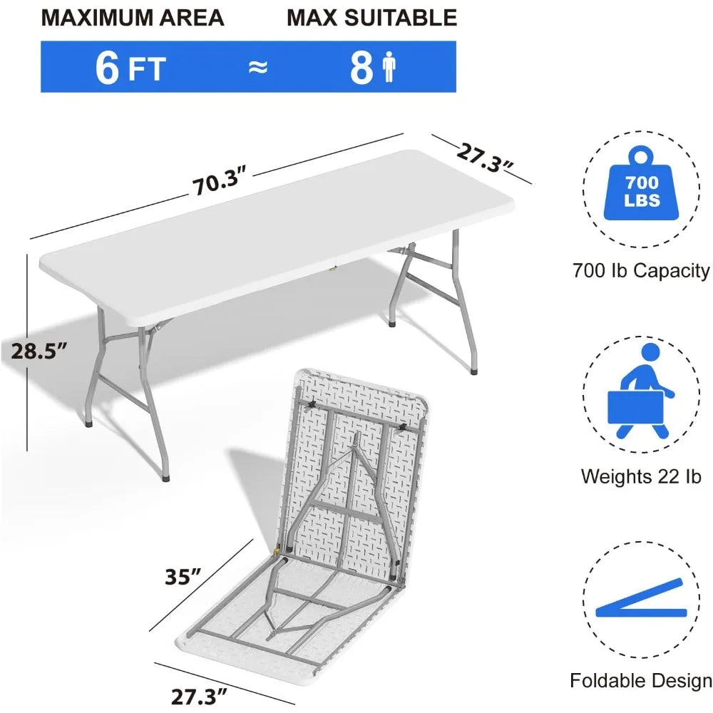 Foldable Table 6ft, Plastic Folding Table, Portable Heavy Duty Dining Table with Lock Function & Carrying Handle, Outdoor Indoor