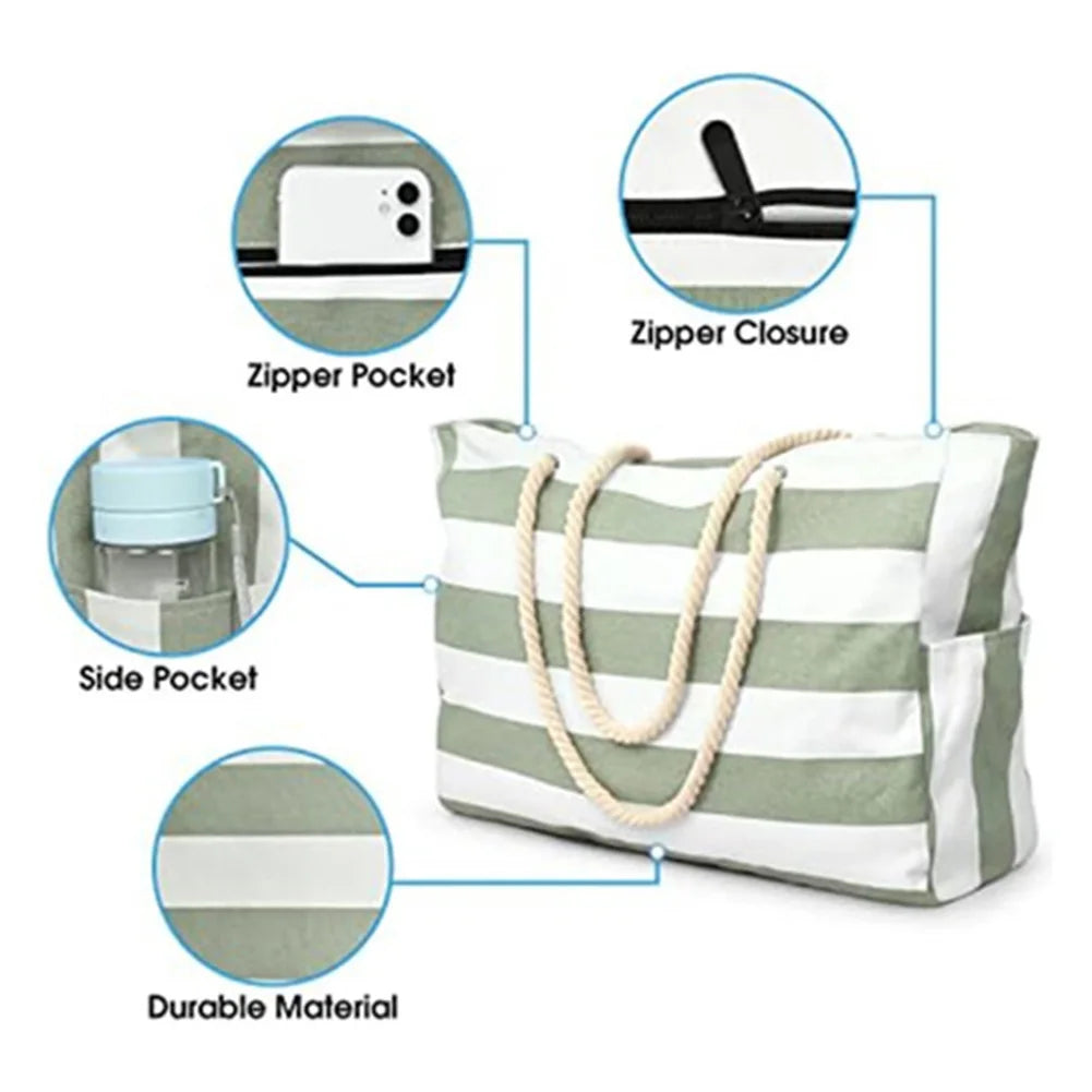 Women Beach Bag Stripe Waterproof Sandproof Shoulder Bag Large Capacity Canvas Tote Bag with Zipper Travel Handbag Swim Pool Bag