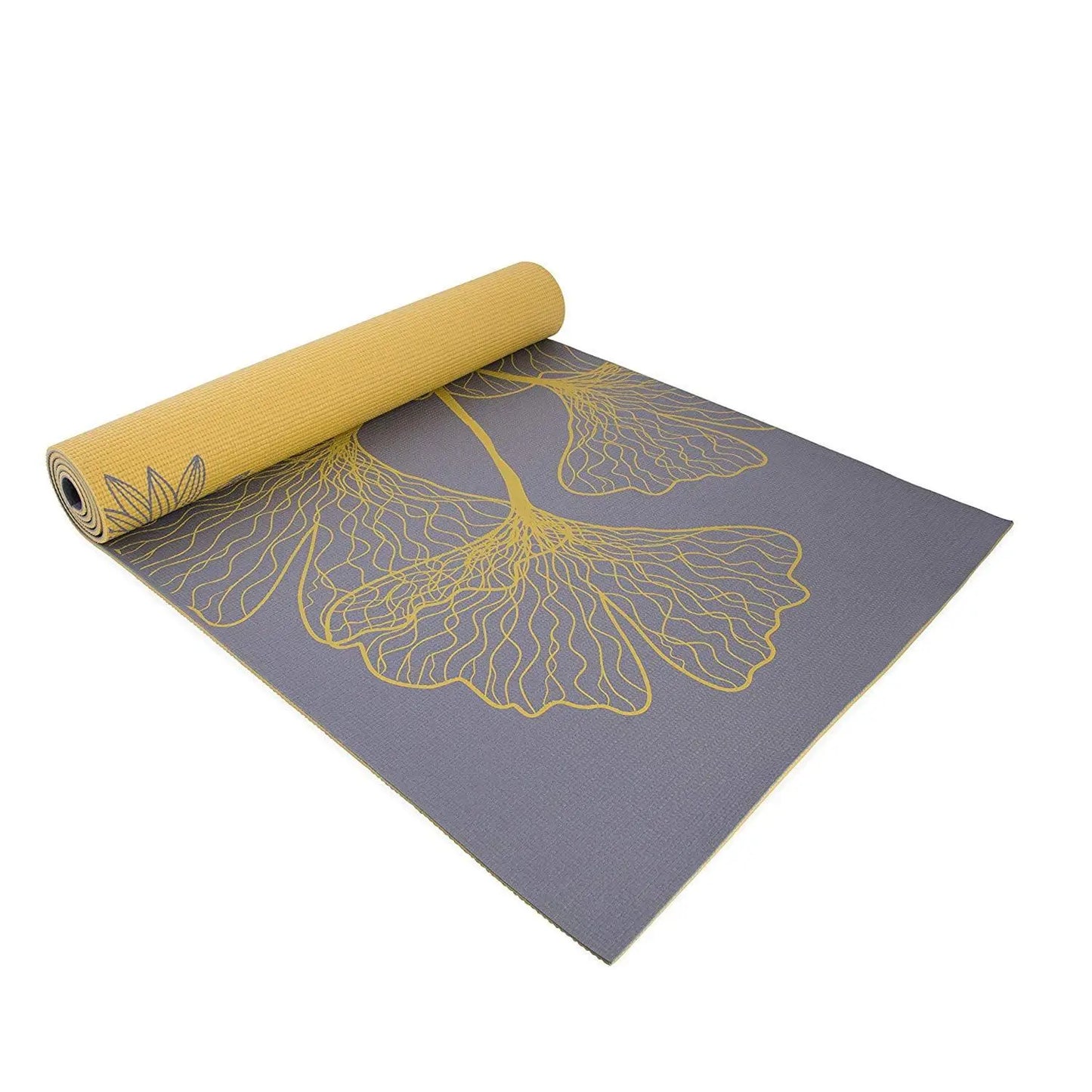 Double sided yoga mat, exercise mat, fitness equipment, 5mm, with straps, dahlia and ginkgo