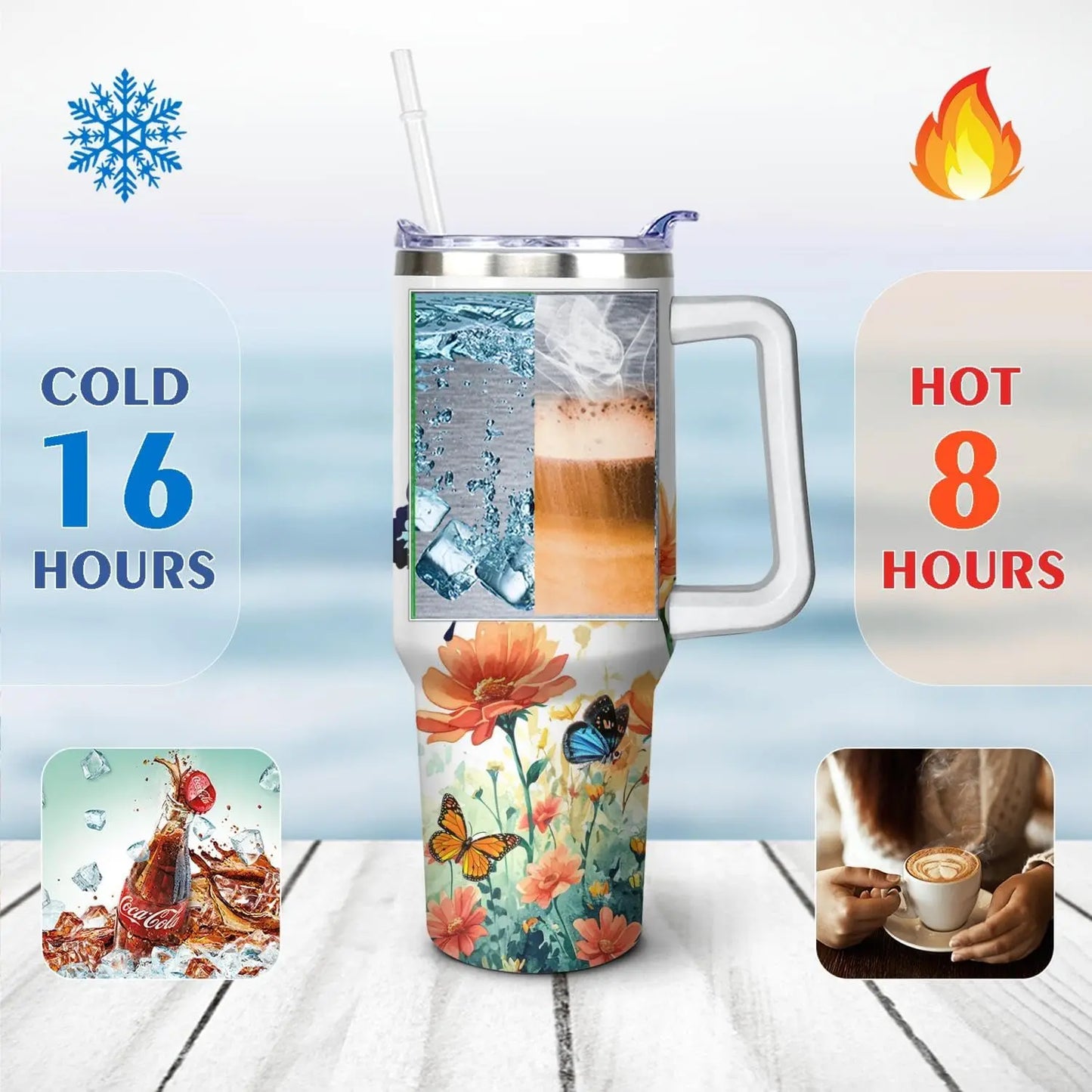 40oz Butterfly Tumbler with Handle and Straw Flower Insulated Cup with Leakproof Lid Travel Drinking Cups Birthday Gifts