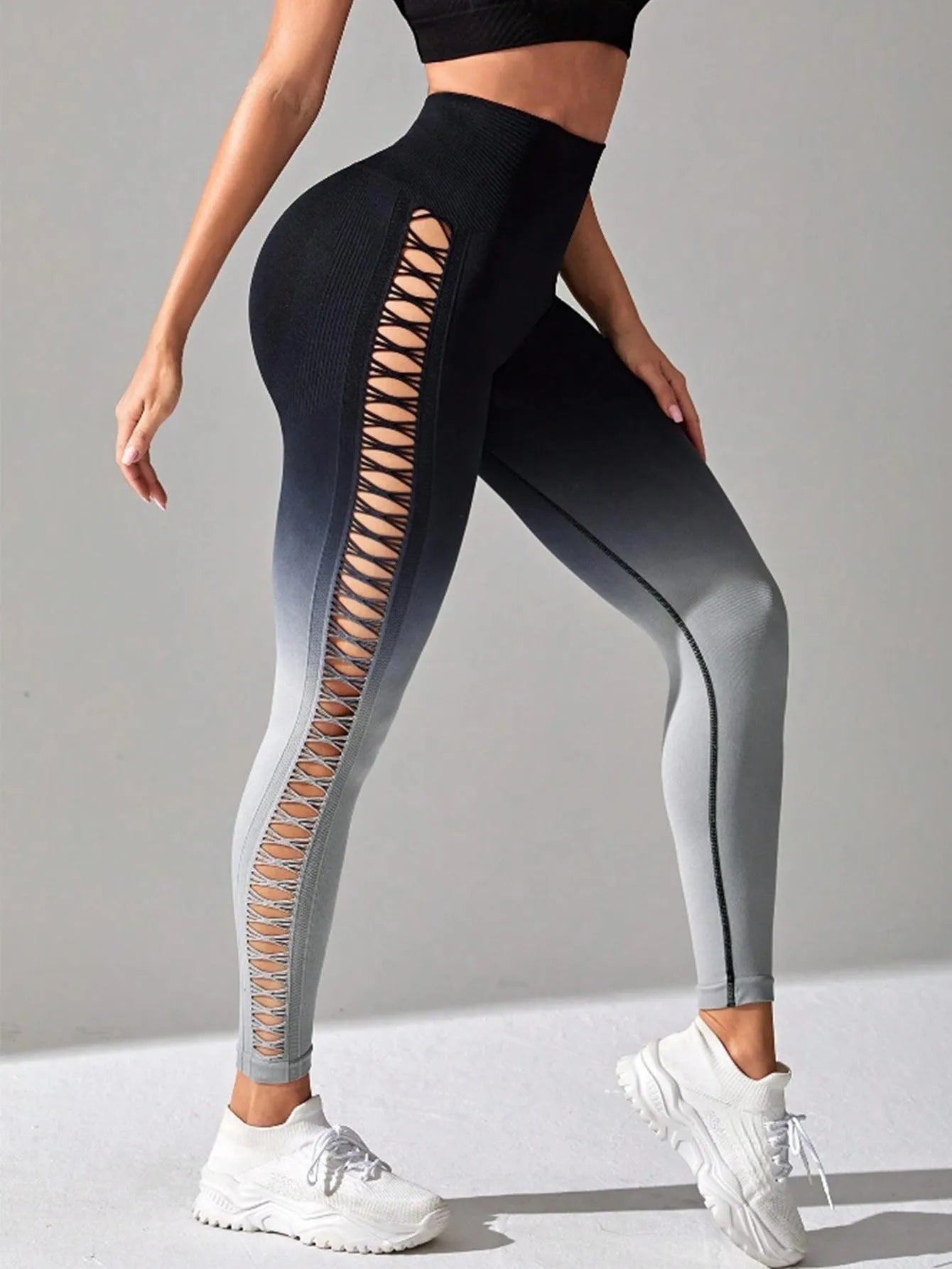2 Pack US Local Women’s Gradient Hollow Out Yoga Tight Buttocks Lift Sexy Athletic High Waisted Tummy Control Workout Yoga Pants