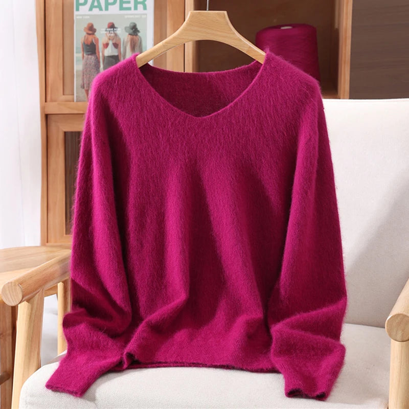 Fall/Winter Fashion Mink Cashmere Women's V-neck Pullover Bottom Shirt Slim Knitted Sweater Short Plus Size