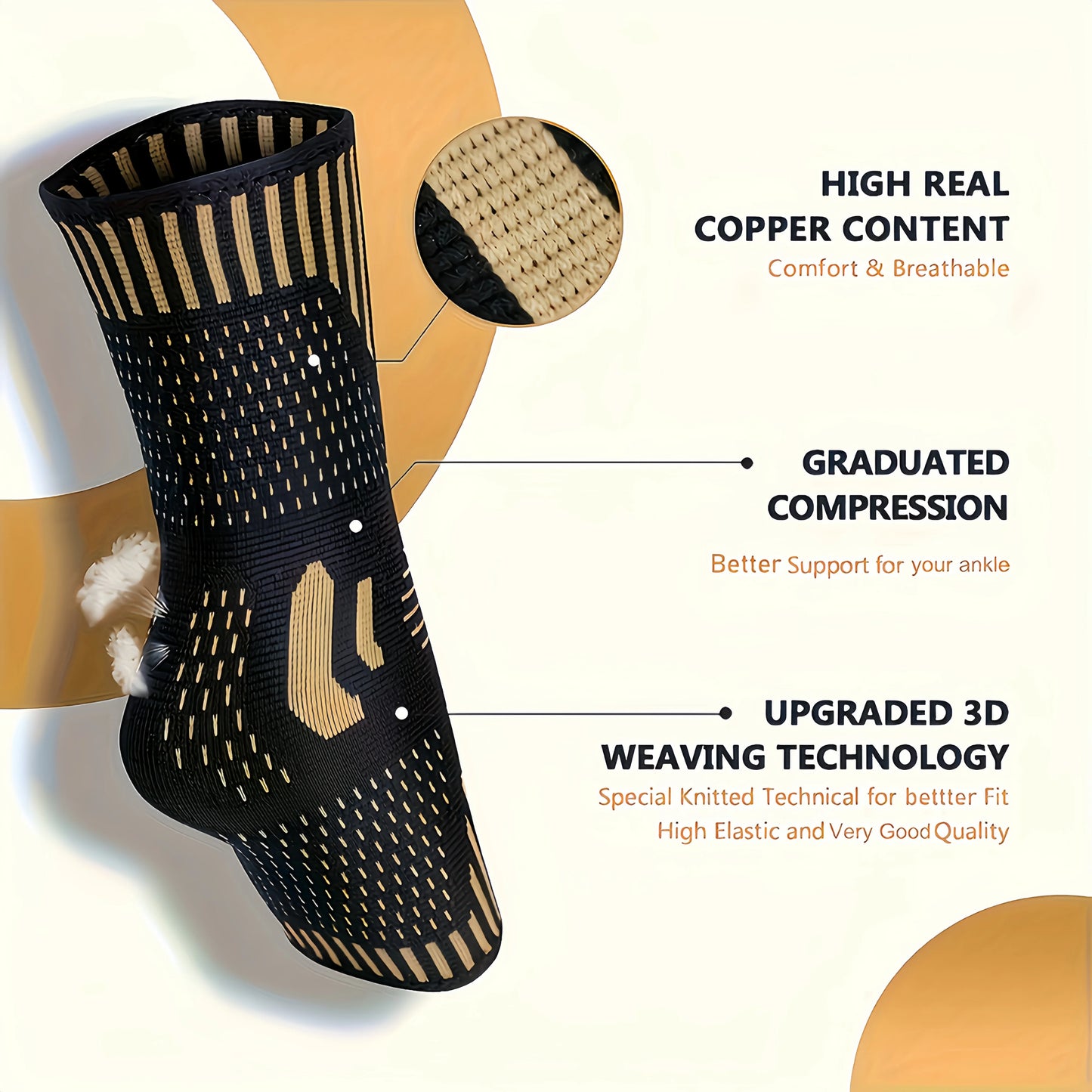 2 PCS Copper Ion Sports Ankle Brace, Ankle Support Sets, Men's and Women's Compression Socks, Basketball, Football, Tennis, Running Protective Gear
