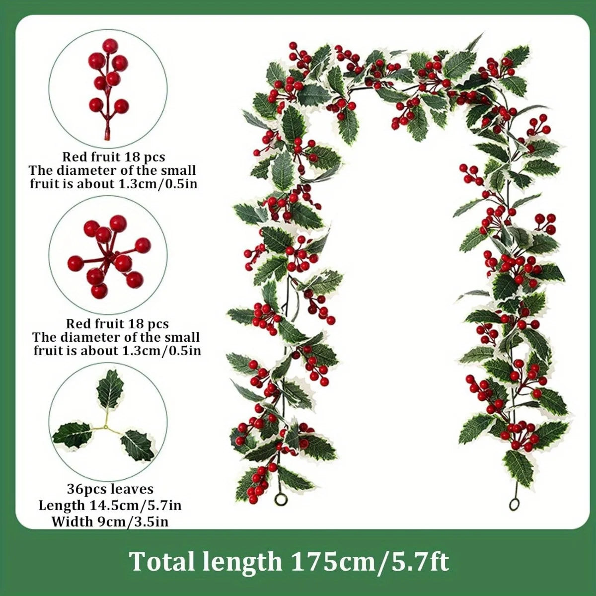 2 Pack Christmas Garlands, 5.74ft Red Berries & Holly Leaves Garland, Artificial Garland for Indoor Outdoor Fireplace
