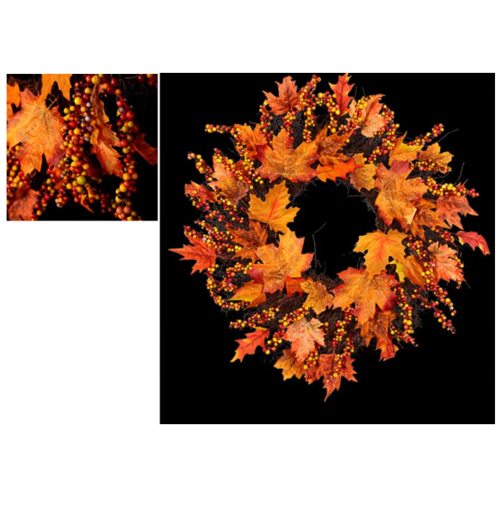 1Pc Xmas Thanksgiving Day Artificial Berries Maple Leaf Garland Realistic Unfading Foam, Rattan Wreath Hanging Decor