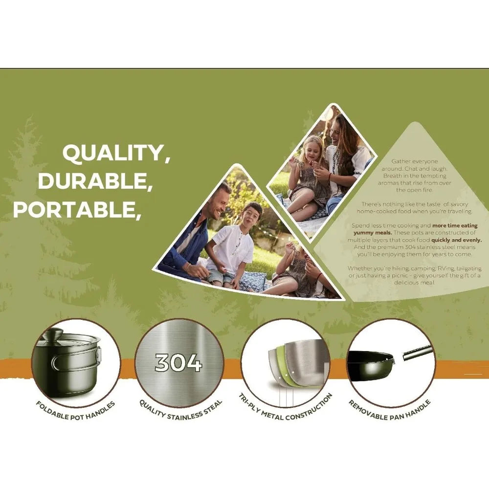 Camping Cookware 304 stainless steel 8-piece pot and pan Cooking kit | Skillet steamer with travel tote bag