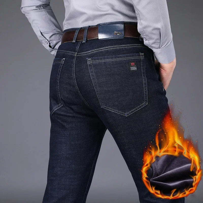 New Men's Fleece Warm Jeans Winter Thicken Plush Velvet Business Office Denim Trousers Brand Clothing Stretch Casual Male Pants