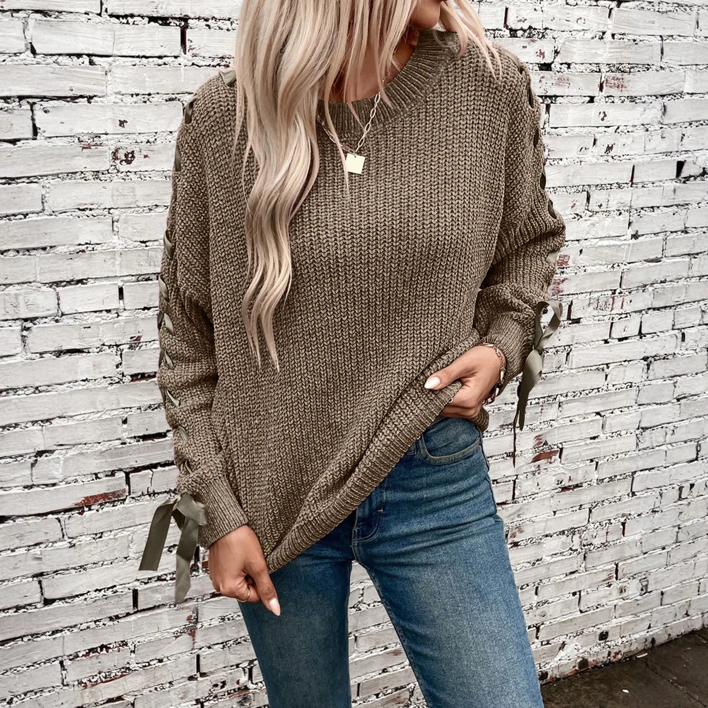Women'S Fashion Casual Round Neck Long Sleeve Solid Color Lace-Up Bowknot Pullover Loose Women'S Sweater Winter Clothes Woman