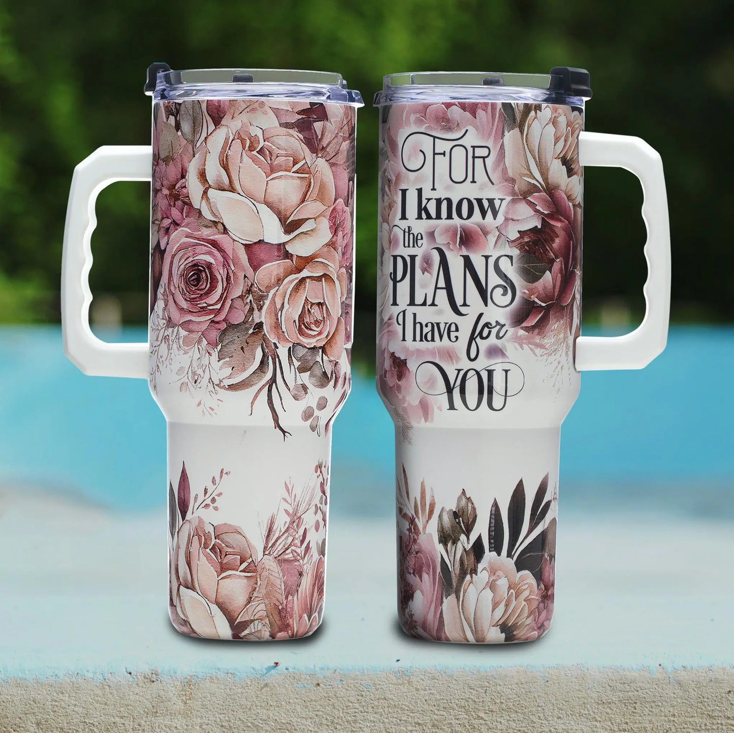Floral Christian Tumbler 40oz,Vacuum Insulated Stainless Steel Cup with Lid & Handle, Bible Verse Print, Wide Mouth Gift
