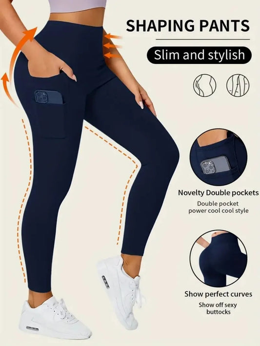 Solid Color Yoga Pants with Pocket, High Stretch Fitness Leggings for Women, Tummy Control Workout Running Sports Activewear, 4-
