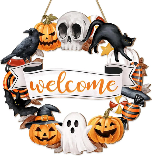 Rustic Halloween Wooden Wreath – Ghost, Cat, Pumpkin & Skull Door Sign for Front Door & Home Decor