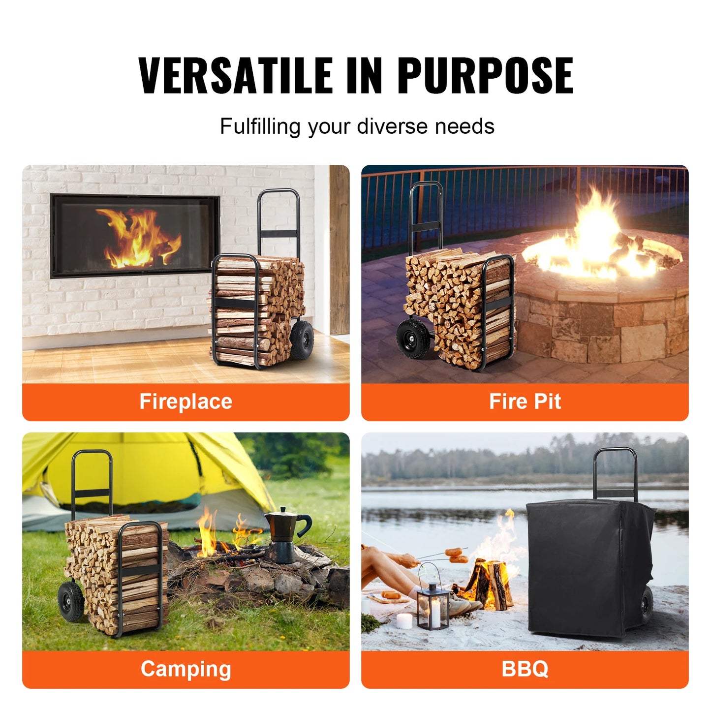 SucceBuy Firewood Log Cart Outdoor and Indoor Wood Rack Storage Mover with Wheels Heavy Duty Steel for Fireplace Fire Pit Black