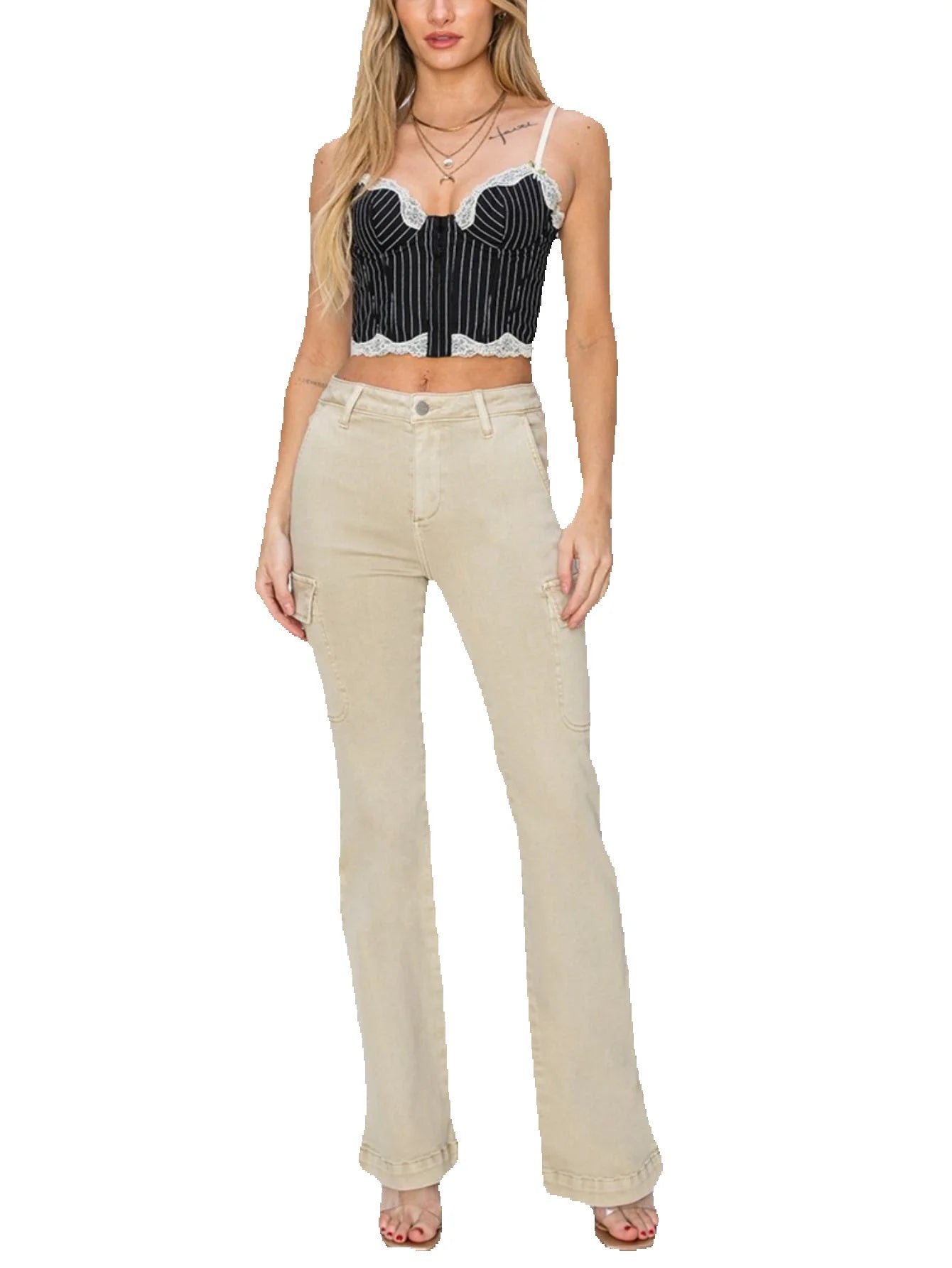 Women’s Casual Cargo Jeans Chic High-Waisted Side Slit Beige Cargo Boot Cut Denim Pants Utility Pockets, Stretch Denim Casual