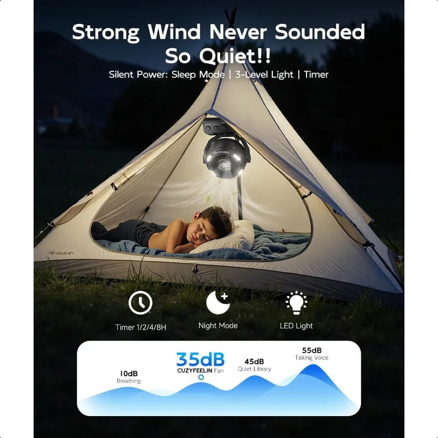 Portable Fan Rechargeable Versatility Camping Fan with LED Light Hook MAX 80H Cooling Time Battery Powered 100 Speeds 180 Oscil